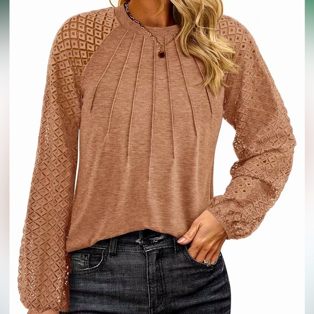 KIRUNDO Womens Dressy Casual Lace Long Sleeve 2025 Spring Fall, Pleated Crewneck